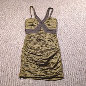 BCBG Max Azria Simsom Cocktail Dress 12 Olive Green Crinkled Taffeta Rouched